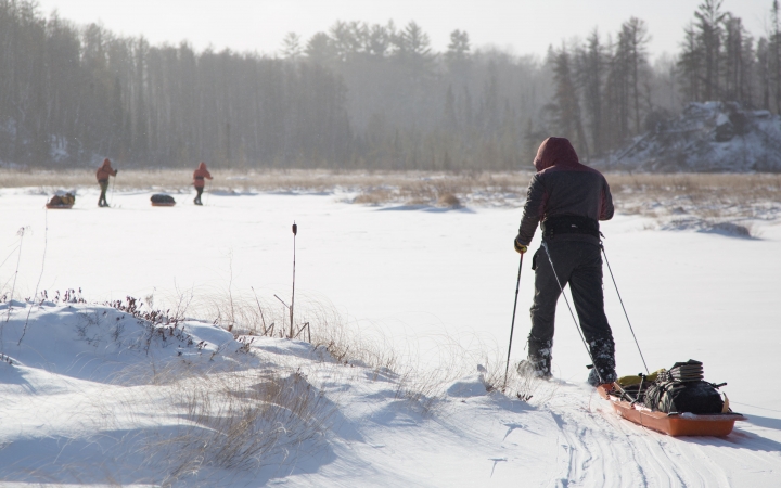 A person cross country skis and pulls a small sled across a snowy landscape toward a line of trees. There are two other skiers pulling small sleds ahead of them. 